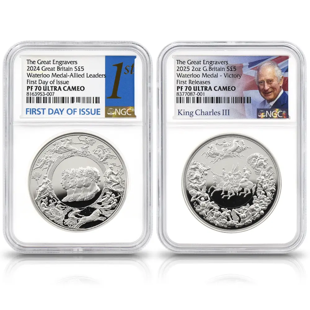 イギリス 2024-2025 チャールズ3世 ワーテルロー・メダル 5ポンド2オンス銀貨 2枚セット 発行即日鑑定品・ファーストリリース NGC PF70UC 箱付き