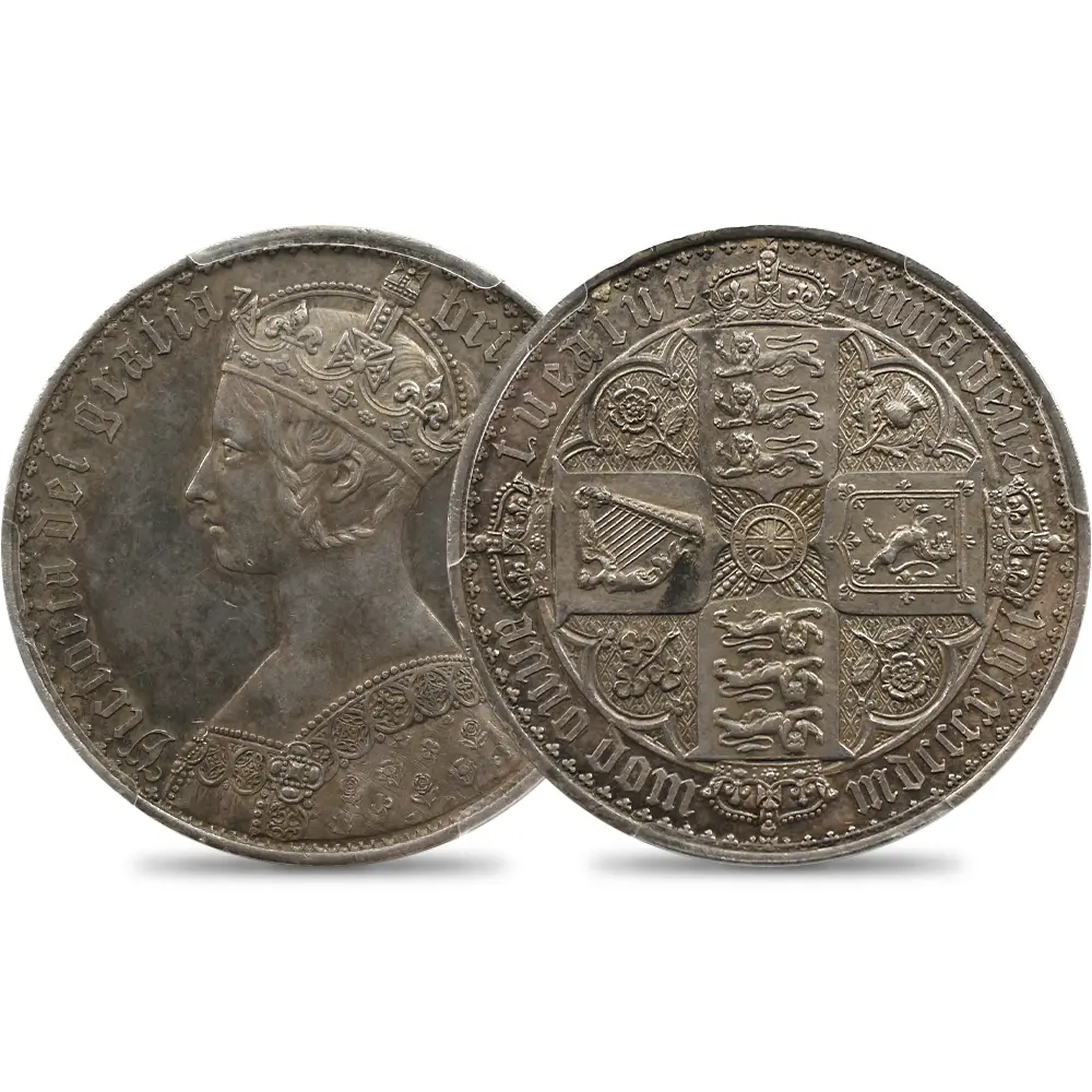 イギリス 1847 ヴィクトリア女王 ゴチッククラウン銀貨 アンデシモエッジ PCGS PR58 S-3883