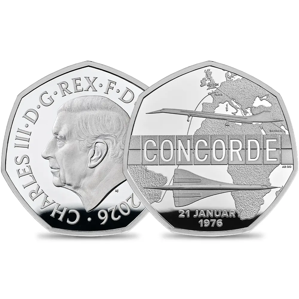 イギリス 2026 チャールズ3世 コンコルド就航50周年記念 50ペンスプルーフピエフォー銀貨 未鑑定 箱付き【ご予約承り品】