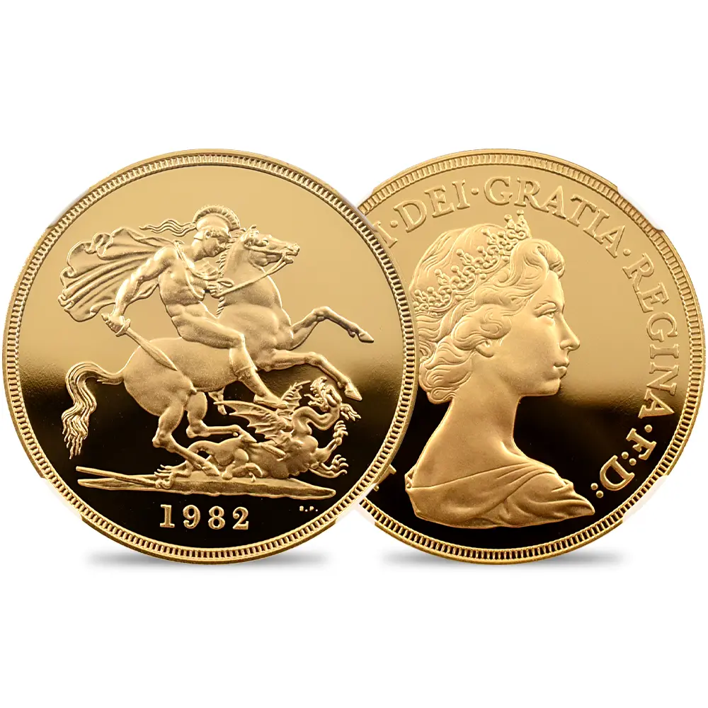 イギリス 1982 エリザベス2世 ヤングエリザベス 聖ジョージ竜退治 5ソブリン金貨 NGC PF70UC