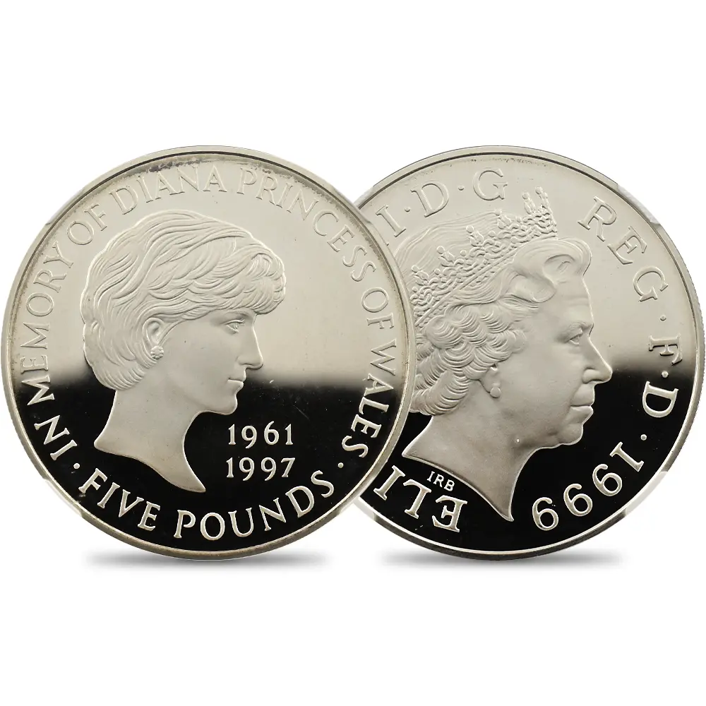 イギリス 1999 エリザベス2世 ダイアナ妃追悼記念 5ポンド銀貨 NGC PF69UC 箱付き