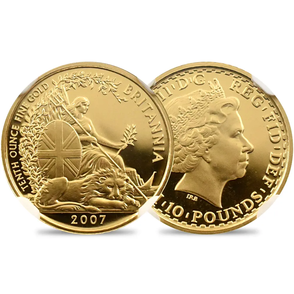 イギリス 2007 エリザベス2世 ブリタニア 10ポンド1/10オンス金貨 NGC PF69UC