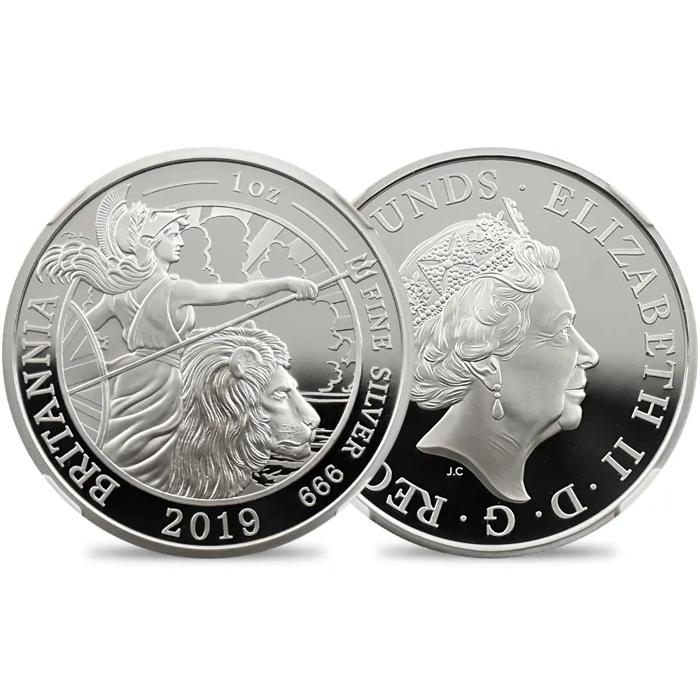 イギリス 2019 エリザベス2世 ブリタニア 2ポンド1オンス銀貨 ファースト100ストラック NGC PF70UC COA付き
