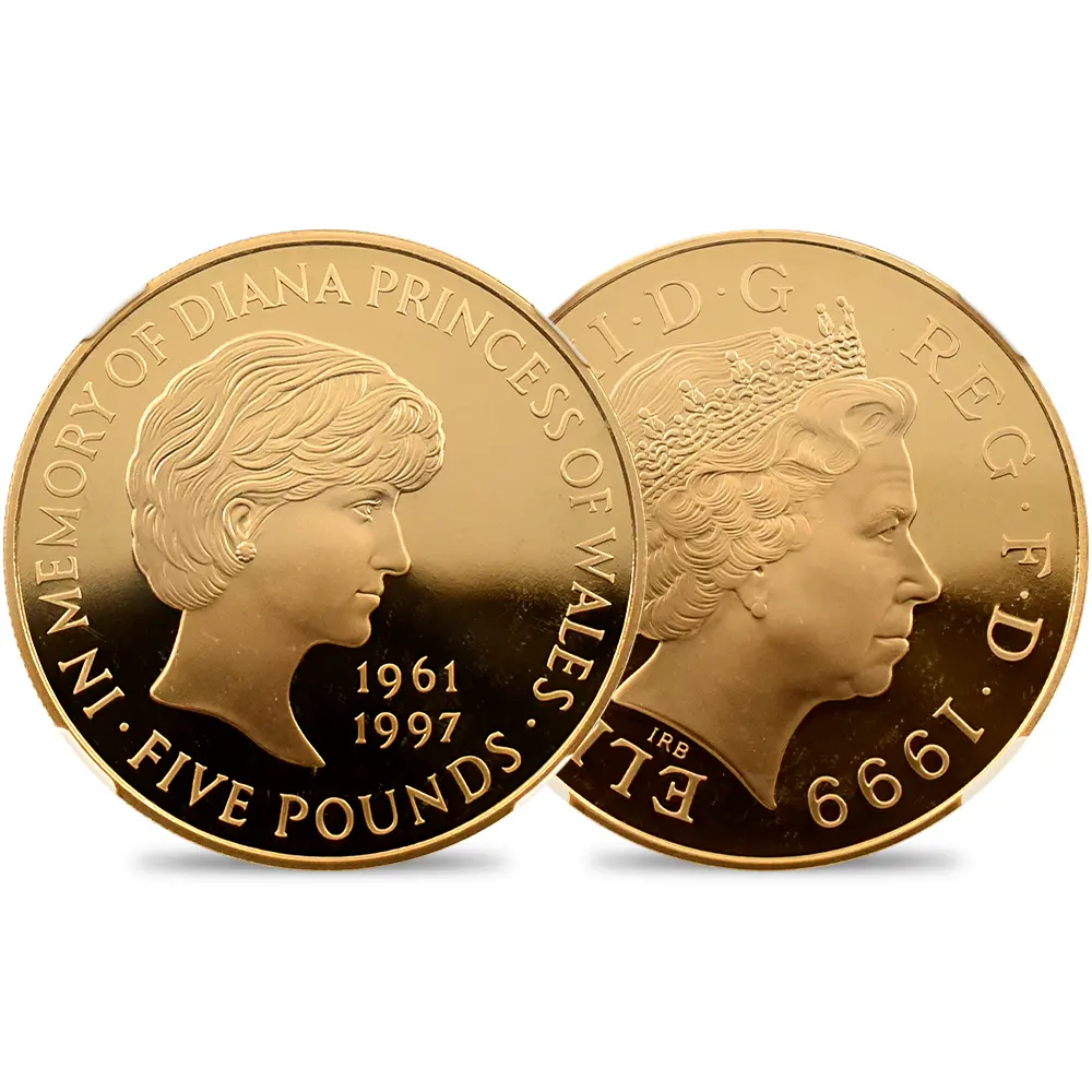 イギリス 1999 エリザベス2世 ダイアナ妃追悼記念 5ポンド金貨 NGC PF69UC