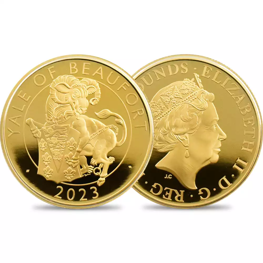 2023 エリザベス2世 ロイヤルテューダービースト ビューフォートのイェール 100ポンド1オンスプルーフ金貨 未鑑定 箱付き