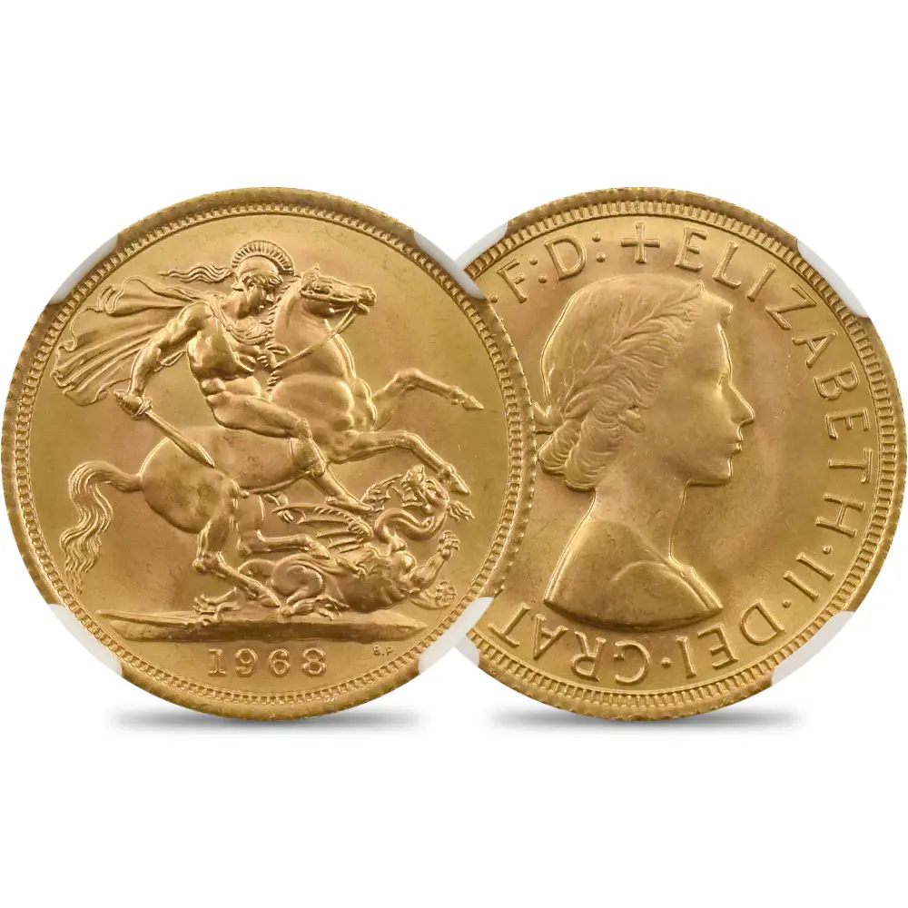 イギリス 1968 エリザベス2世 ヤングヤング 聖ジョージ竜退治 ソブリン金貨 NGC MS66