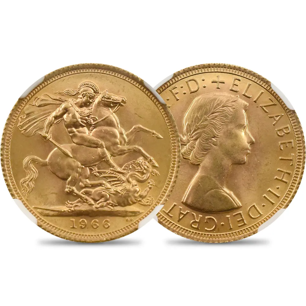 イギリス 1966 エリザベス2世 ヤングヤング 聖ジョージ竜退治 ソブリン金貨 NGC MS66