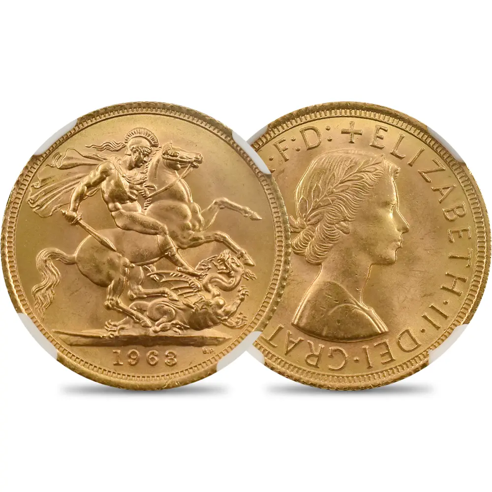 イギリス 1963 エリザベス2世 ヤングヤング 聖ジョージ竜退治 ソブリン金貨 NGC MS66