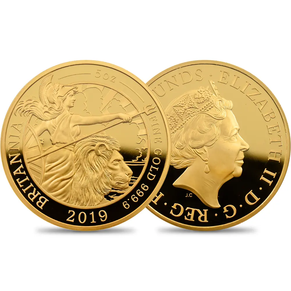 イギリス 2019 エリザベス2世 ブリタニア 500ポンド 5オンス金貨 PCGS PR69DC 箱付き