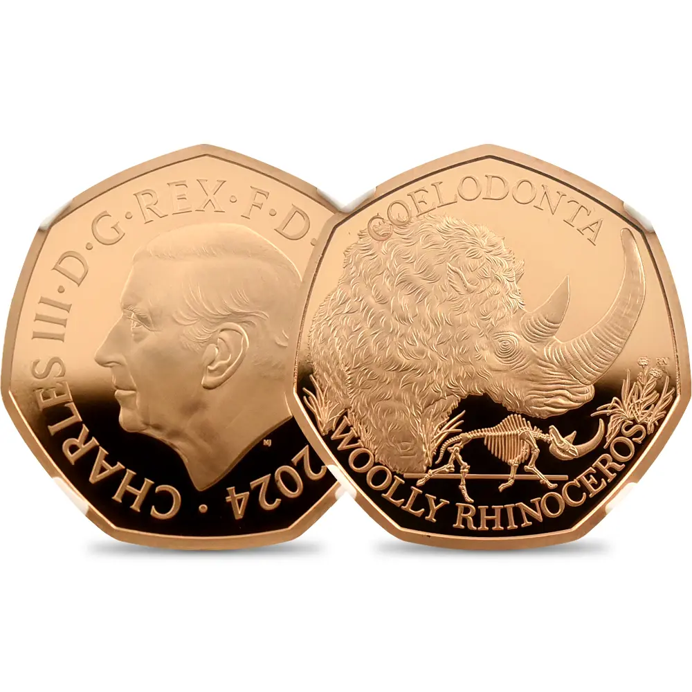 2024 チャールズ3世 「地球の物語コレクション」・氷河時代の巨獣たち 第2弾 ケブカサイ 50ペンスプルーフ金貨 ファーストリリース NGC PF70UC 箱付き