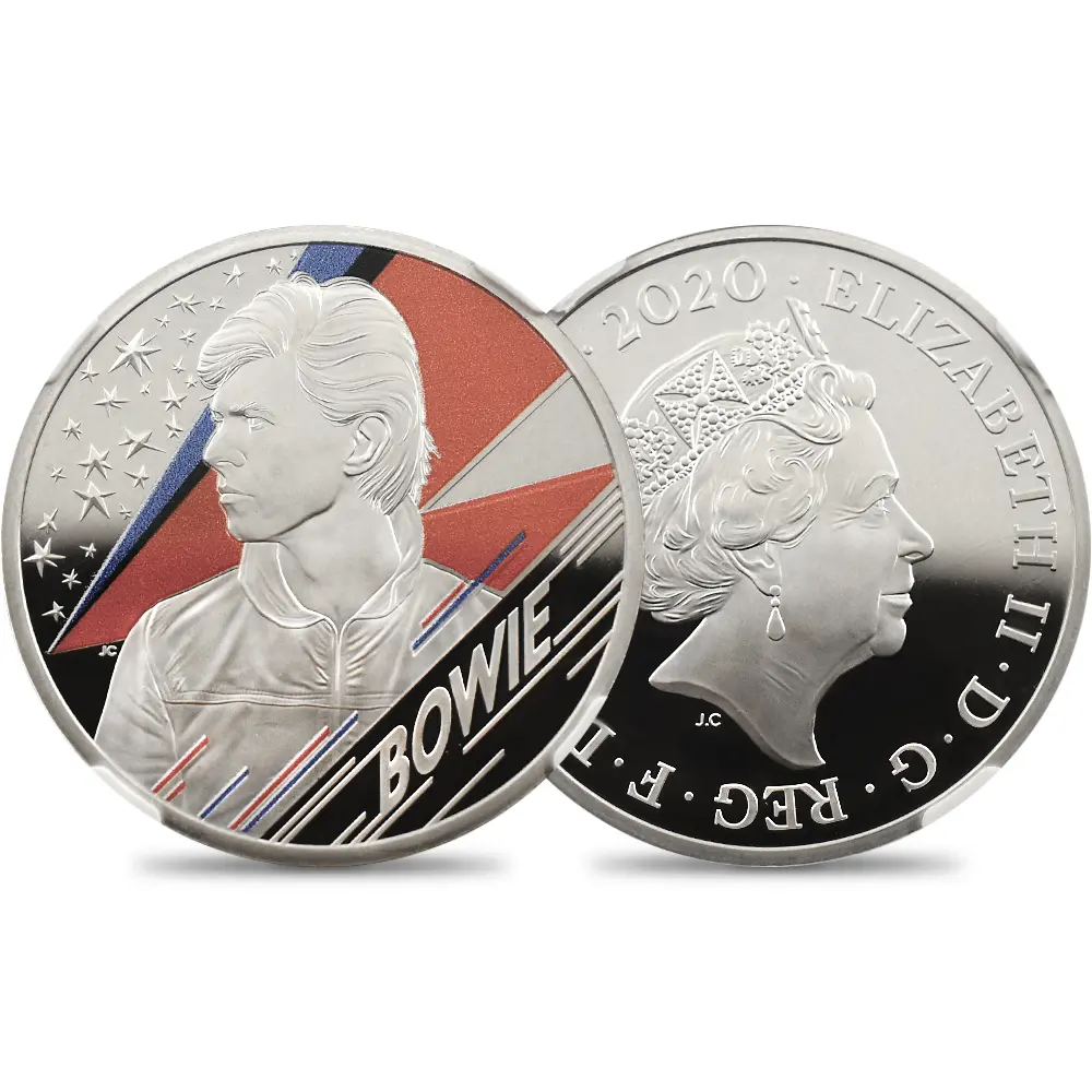 イギリス 2020 エリザベス2世 ミュージックレジェンド デヴィッド・ボウイ 2ポンド1オンスカラー銀貨 ファーストリリース NGC PF70UC エリザベス2世ラベル  箱付き