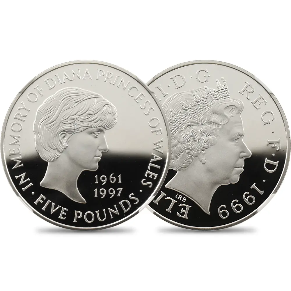 イギリス 1999 エリザベス2世 ダイアナ妃追悼記念 5ポンド銀貨 NGC PF69UC 箱付き（外箱なし）
