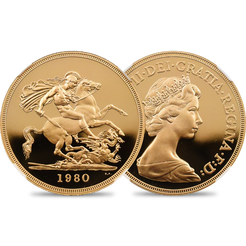 1980 エリザベス2世 ヤングエリザベス 聖ジョージ竜退治 5ソブリン金貨 NGC PF70UC