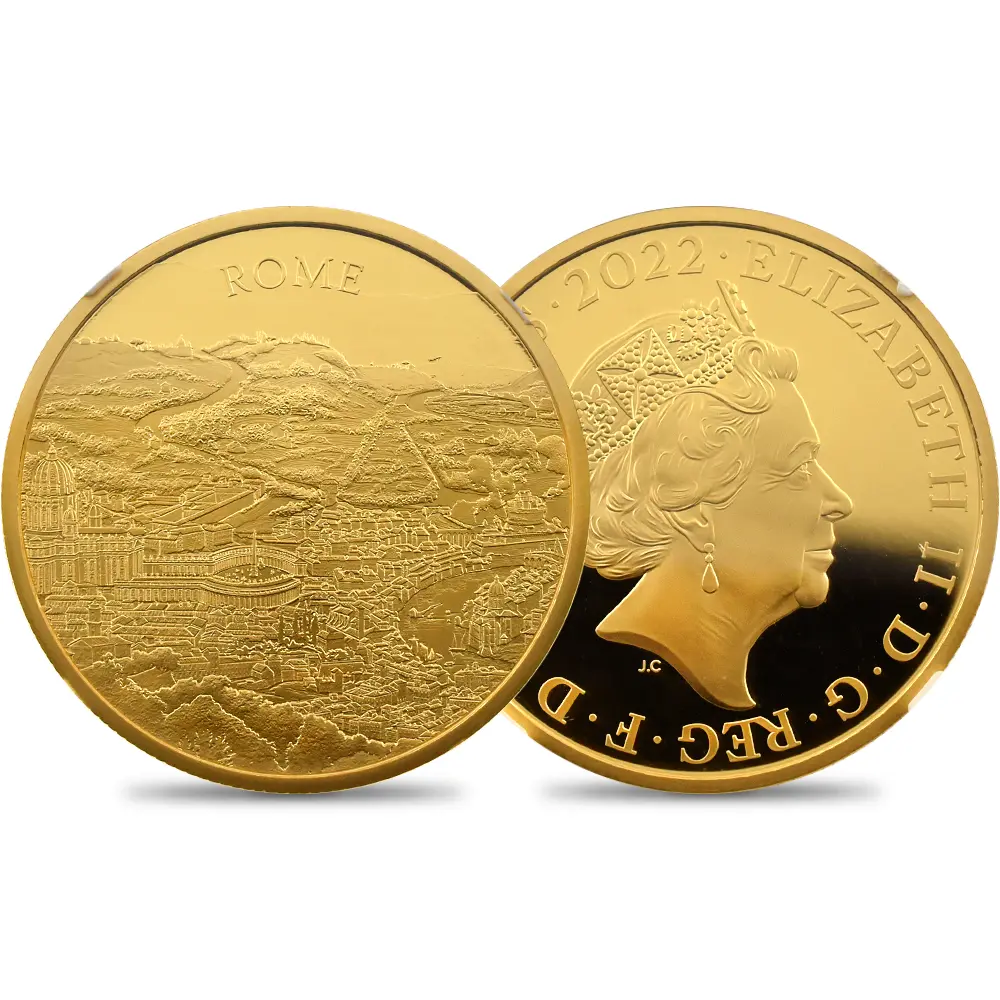 イギリス 2022 エリザベス2世 都市景観シリーズ第2弾 ローマ 100ポンド1オンス金貨 NGC PF70UC 箱付き