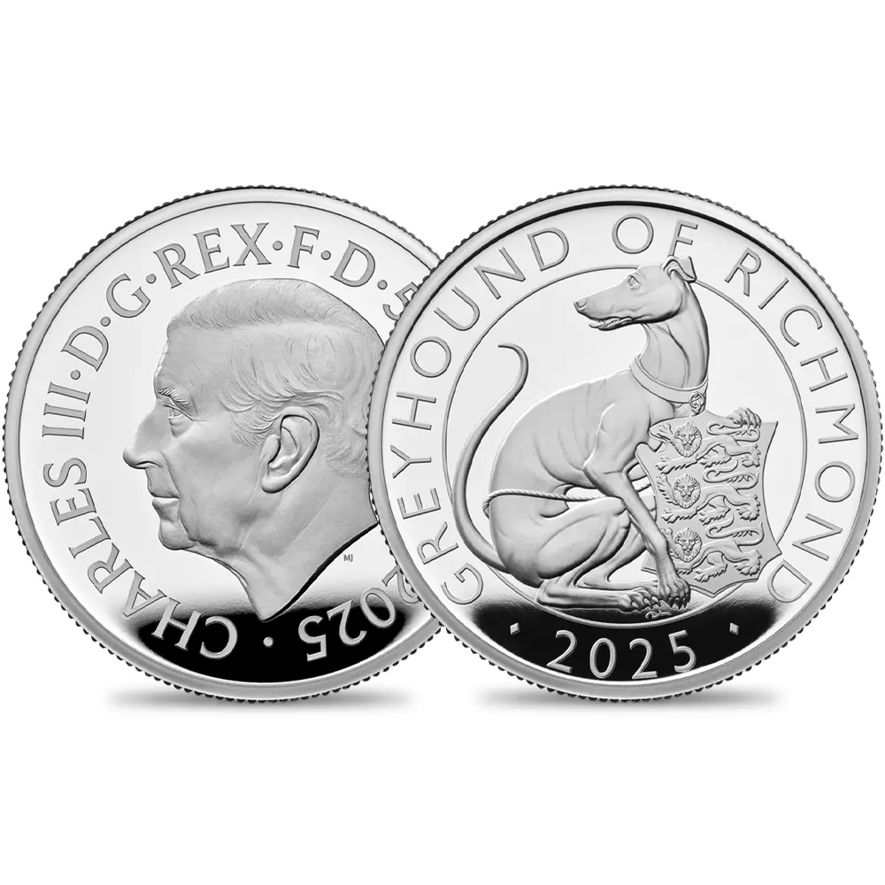 2025 チャールズ3世 ロイヤルテューダービースト リッチモンドのグレイハウンド 5ポンド2オンスプルーフ銀貨 未鑑定 箱付き【ご予約承り品】