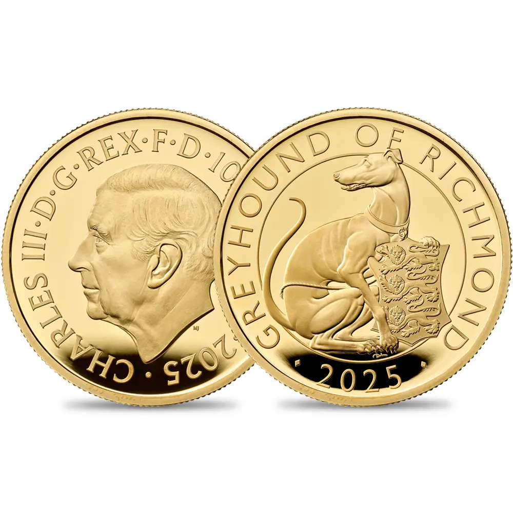 2025 チャールズ3世 ロイヤルテューダービースト リッチモンドのグレイハウンド 100ポンド1オンスプルーフ金貨 未鑑定 箱付き【ご予約承り品】