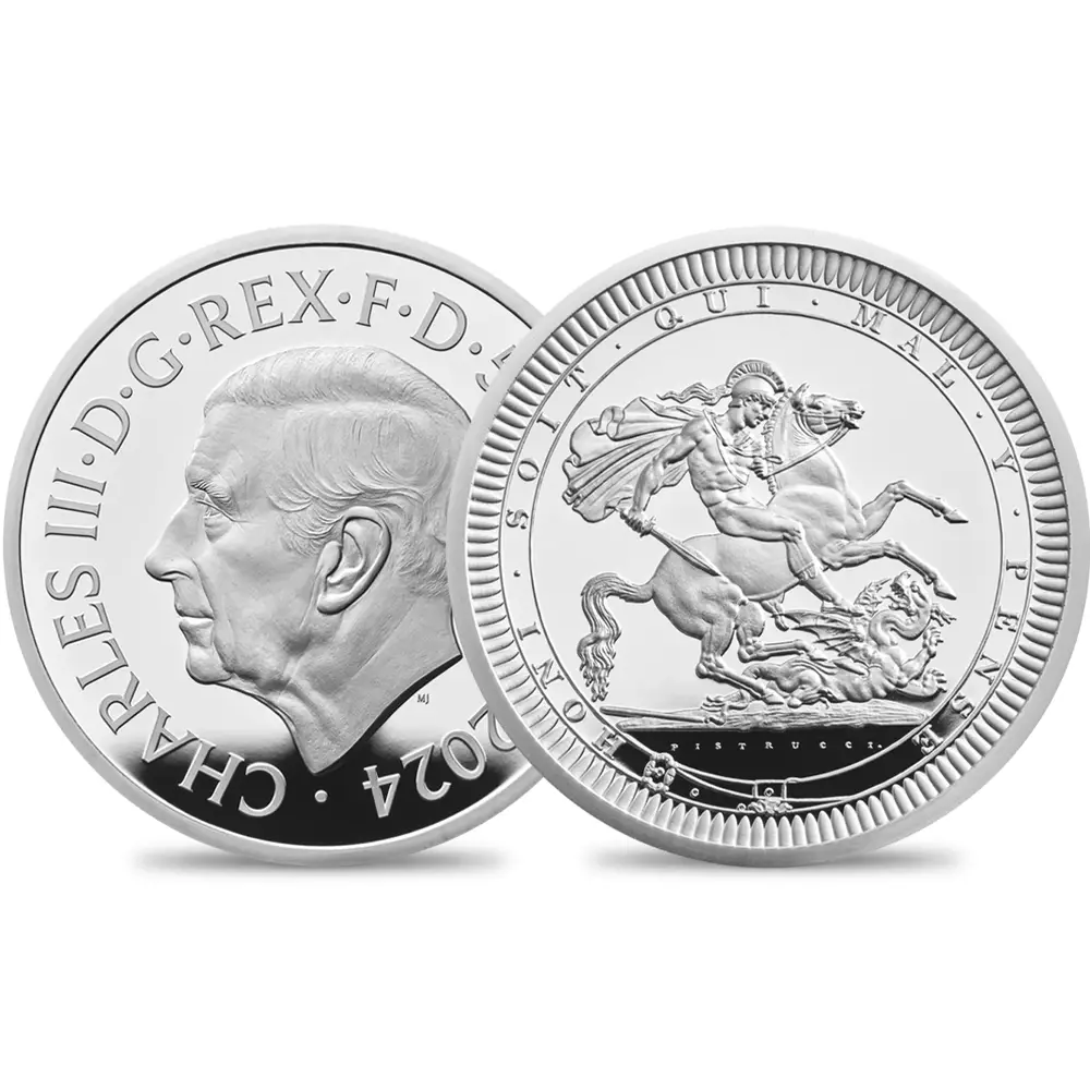 2024 チャールズ3世 ピストルッチ作聖ジョージ竜退治 5ポンド2オンスプルーフ銀貨 未鑑定 箱付き