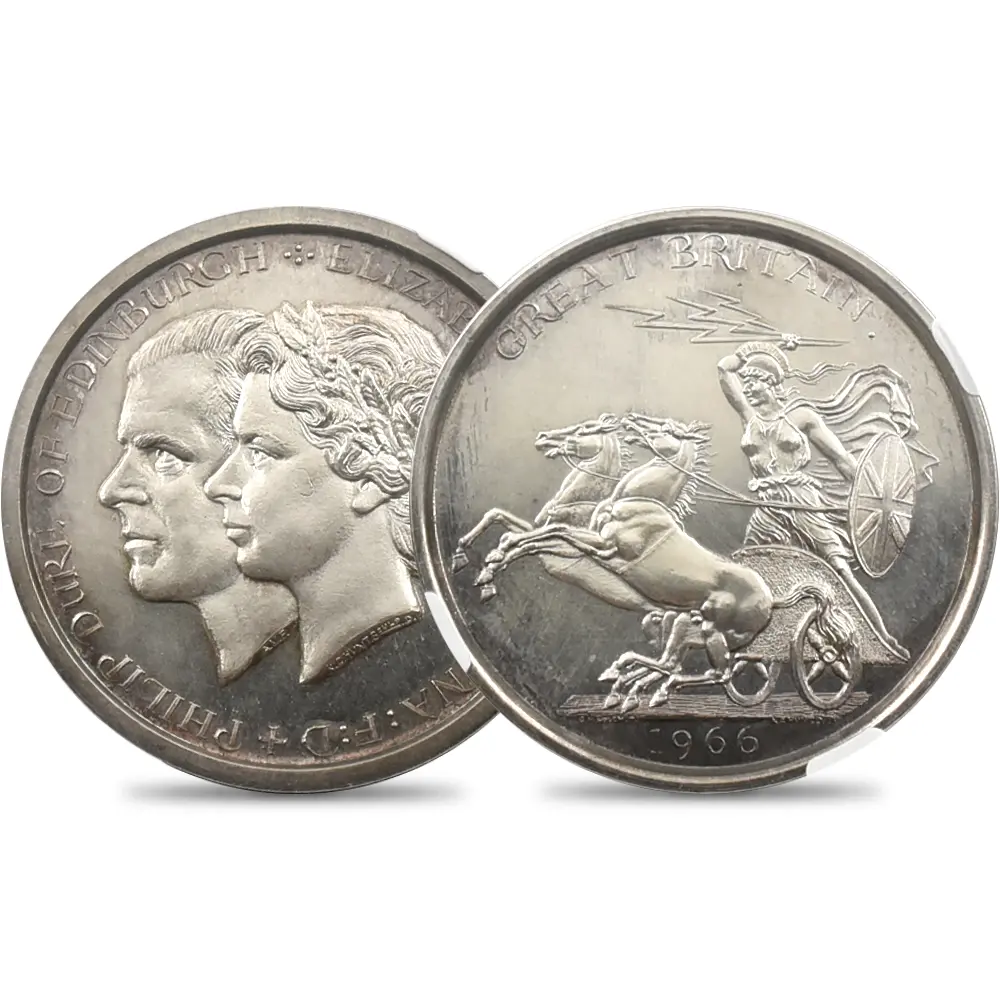 1966 エリザベス2世&フィリップ王配 ブリタニア 試作クラウン銀貨 NGC SP65 ESC-4347【R2】