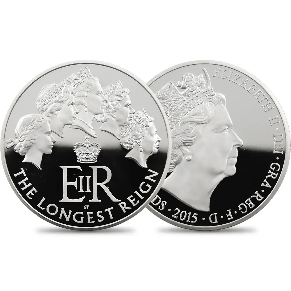 イギリス 2015 エリザベス2世 最長在位記念 10ポンド5オンス銀貨 ファースト500ストラック NGC PF70UC 箱付き