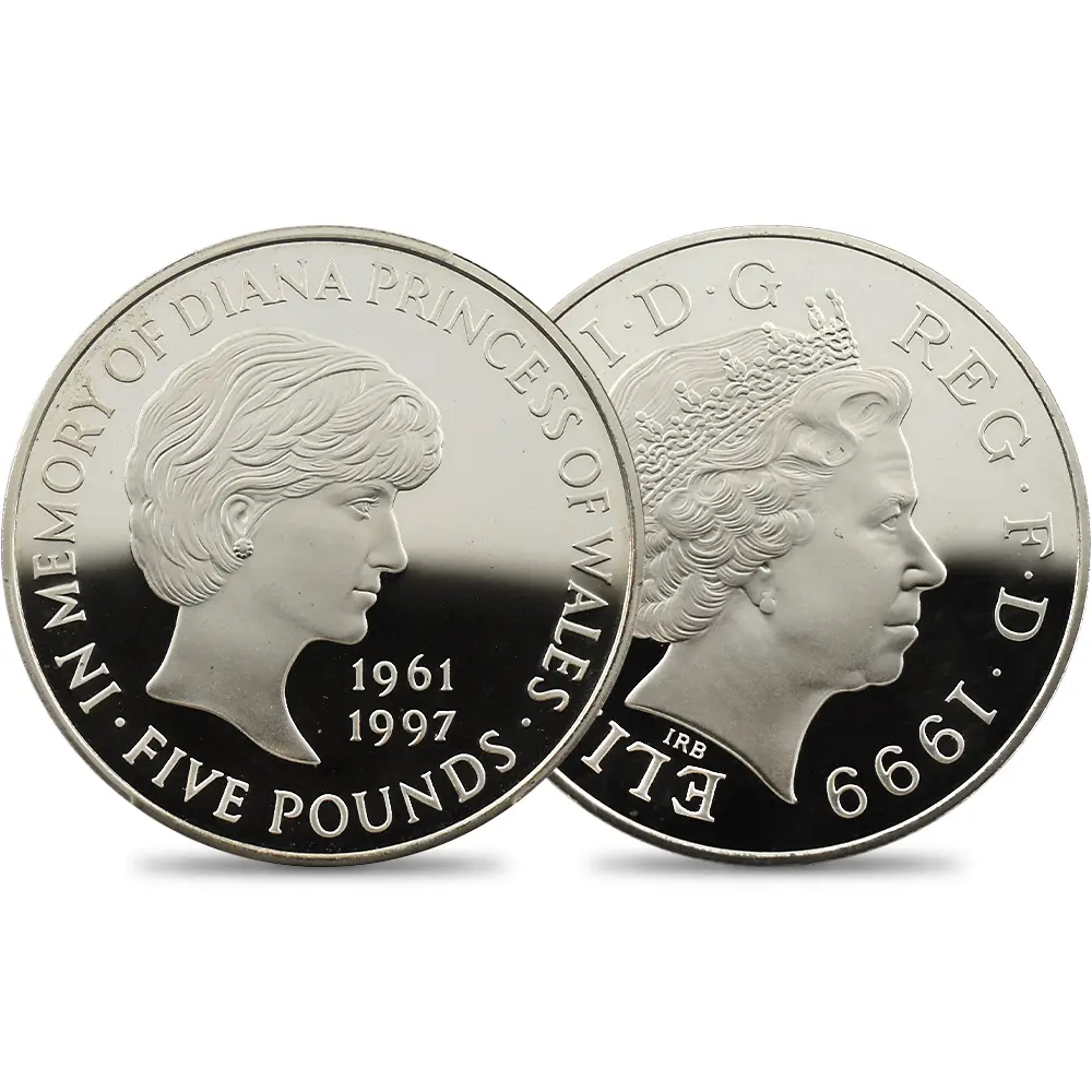 イギリス 1999 エリザベス2世 ダイアナ妃追悼記念 5ポンド銀貨 PCGS PR69DC S-L6 箱付き