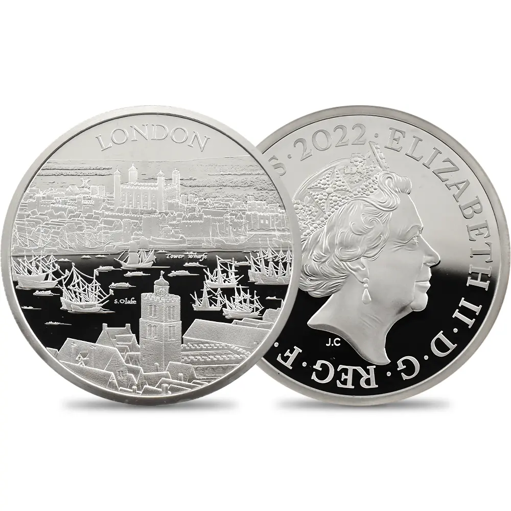 イギリス 2022 エリザベス2世 都市景観シリーズ第1弾 ロンドン 5ポンド2オンス銀貨 発行即日鑑定品 NGC PF70UC 箱付き
