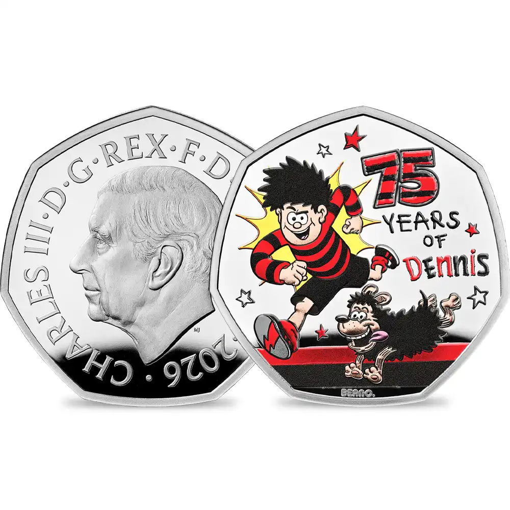 イギリス 2026 チャールズ3世 「デニス・ザ・メナス」75周年記念 50ペンスプルーフカラー銀貨 未鑑定 箱付き【ご予約承り品】
