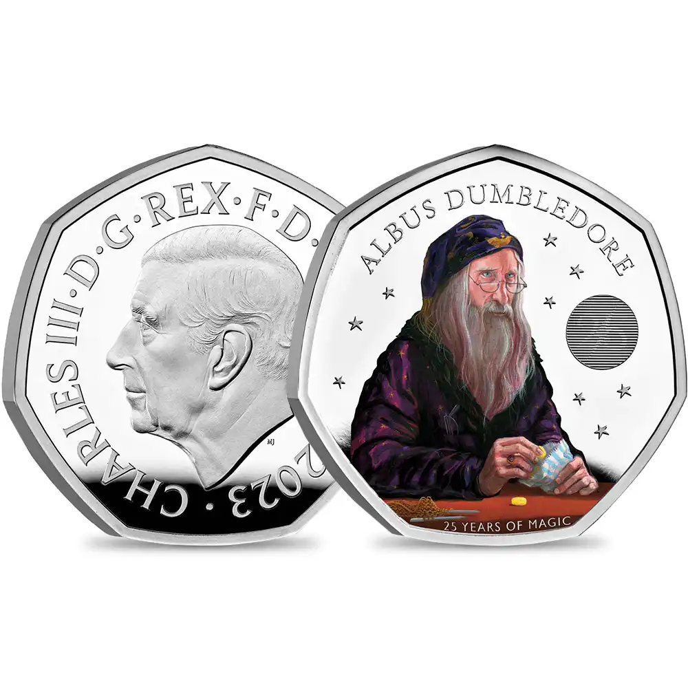 2023 チャールズ3世 ハリー・ポッターシリーズ 第3弾 ダンブルドア教授 出版25周年記念 50ペンスプルーフカラー銀貨 未鑑定 箱付き【ご予約承り品】