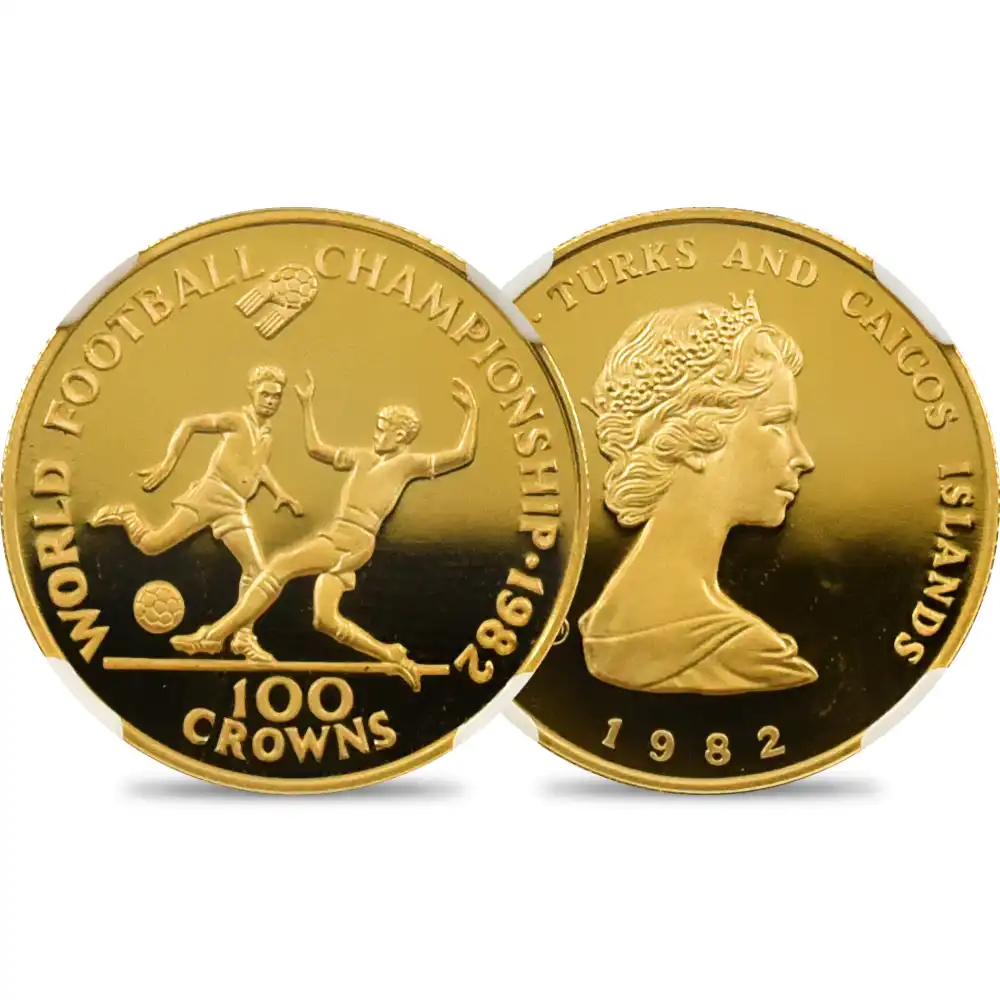 タークス・カイコス諸島 1982 エリザベス2世 FIFAワールドカップ 100クラウン金貨 NGC PF69UC