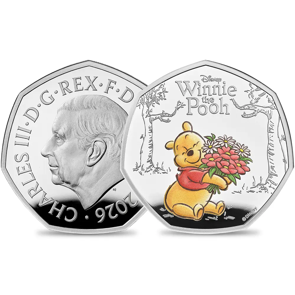 【未鑑定＋鑑定オプション付き】イギリス 2026 チャールズ3世 くまのプーさん100周年記念 50ペンスプルーフカラー銀貨 未鑑定 箱付き【ご予約承り品・納期約6か月】