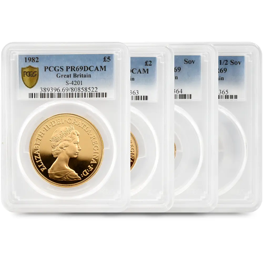 1982 エリザベス2世 ヤングエリザベス 聖ジョージ竜退治 5ポンド・2ポンド・ソブリン・1/2ソブリン金貨4枚セット PCGS PR69DC・PR69