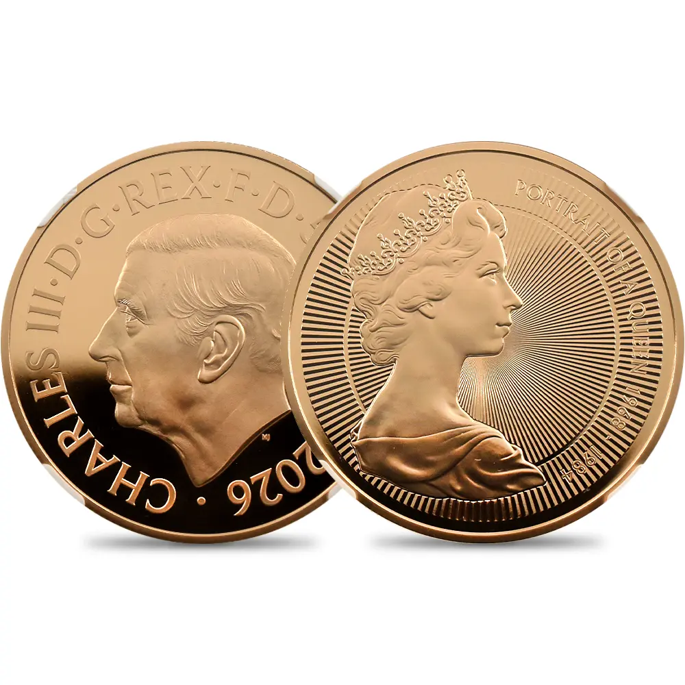 イギリス 2026 チャールズ3世 エリザベス2世のコイン肖像シリーズ 第二弾 ヤングエリザベス 5ポンド金貨 ファーストリリース NGC PF70UC チャールズ3世ラベル 箱付き