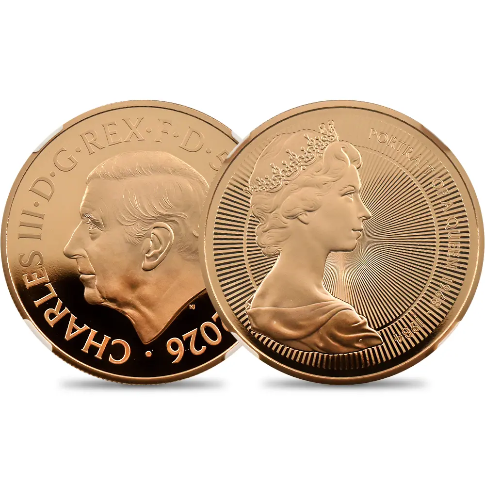 イギリス 2026 チャールズ3世 エリザベス2世のコイン肖像シリーズ 第二弾 ヤングエリザベス 5ポンド金貨 ファーストリリース NGC PF69UC チャールズ3世ラベル 箱付き