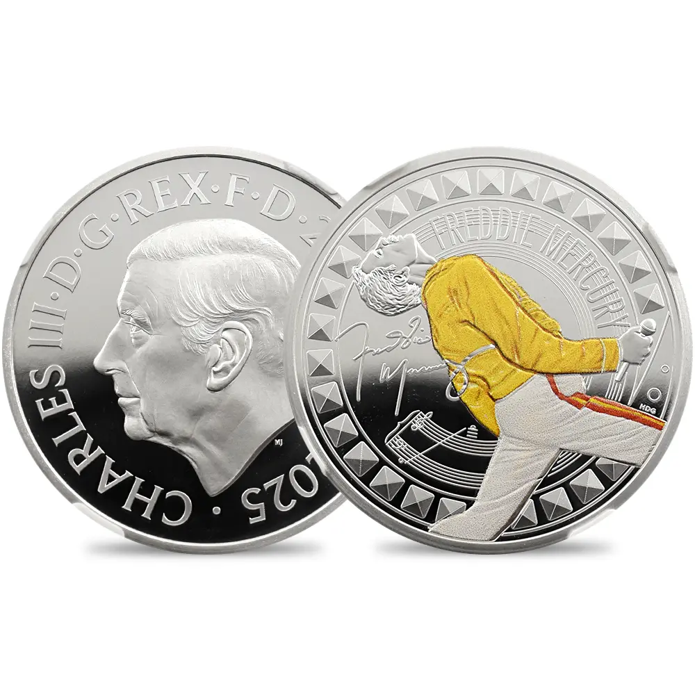 イギリス 2025 チャールズ3世 ミュージックレジェンド第12弾 フレディ・マーキュリー 2ポンド1オンスカラー銀貨 ファーストリリース NGC PF70UC 箱付き