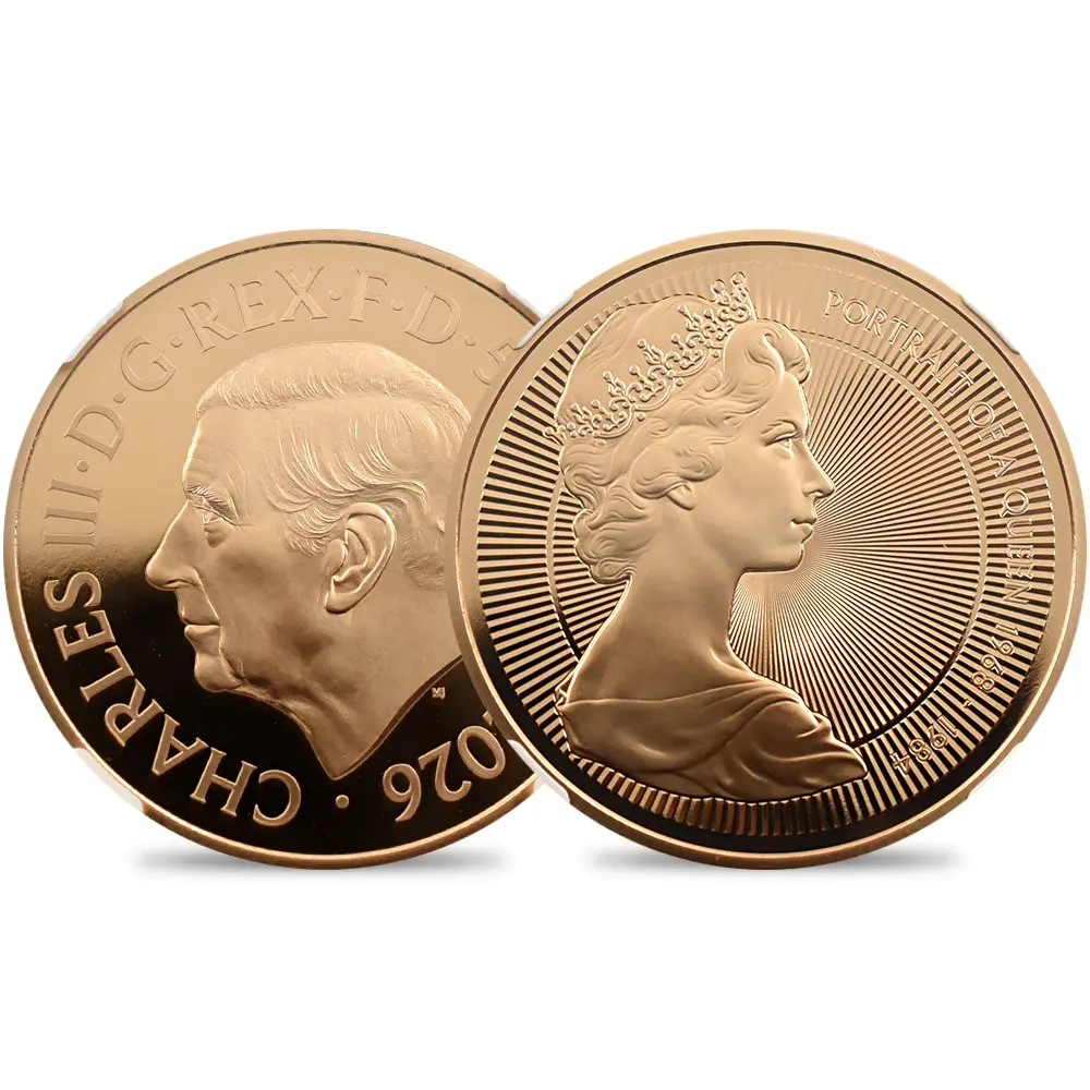 イギリス 2026 チャールズ3世 エリザベス2世のコイン肖像シリーズ 第二弾 ヤングエリザベス 5ポンド金貨 ファーストリリース NGC PF70UC 箱付き