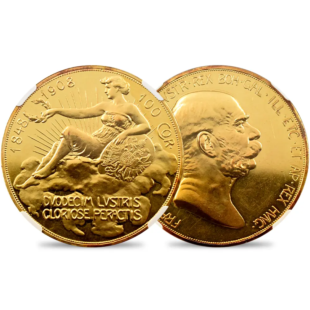 オーストリア 1908 フランツ・ヨーゼフ1世 皇位60周年記念 雲上の女神 100クローネ金貨 NGC PF61