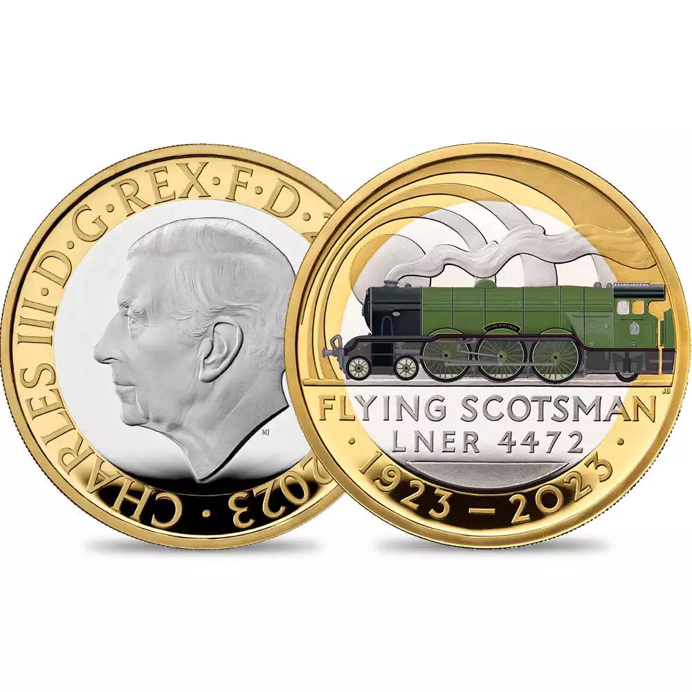 2023 チャールズ3世 蒸気機関車「フライング・スコッツマン」 開通100周年記念 2ポンドプルーフカラー銀貨 金メッキ付 未鑑定 箱付き【ご予約承り品】