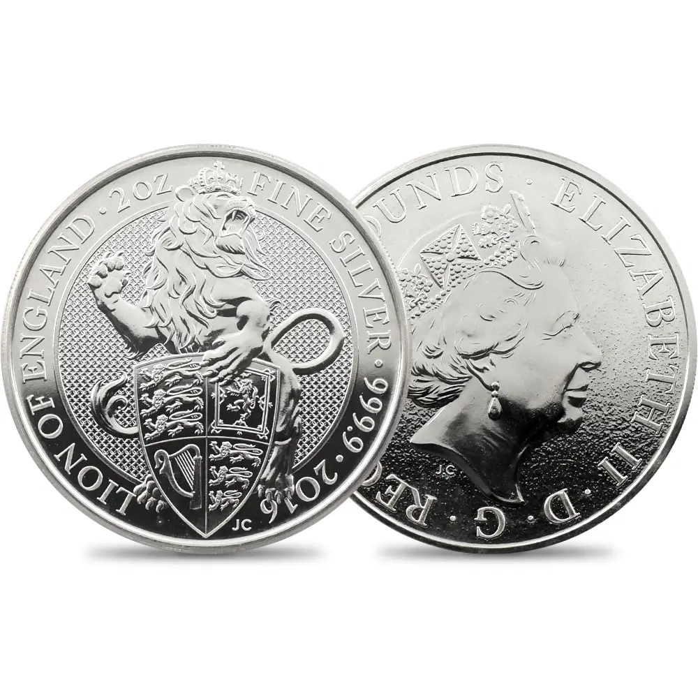 2016 エリザベス2世 クイーンズビースト イングランドのライオン 5ポンド2オンス銀貨 PCGS MS65