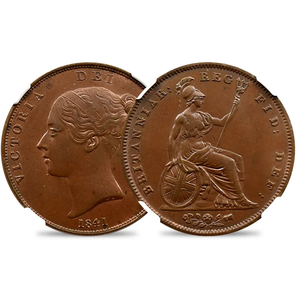 イギリス 1841 ヴィクトリア女王 ヤングヘッド ブリタニア 1ペニー銅貨 NGC MS63BN NO COLON