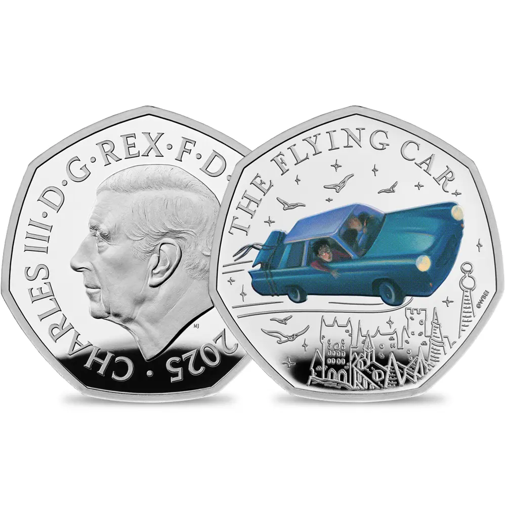 2025 チャールズ3世 ハリー・ポッター 空飛ぶ車 50ペンスプルーフカラー銀貨 未鑑定 箱付き【ご予約承り品】