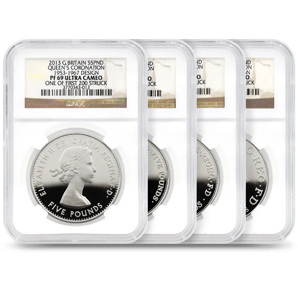 イギリス 2013 エリザベス2世 戴冠60周年記念 5ポンド銀貨 4枚セット ファースト200ストラック NGC PF69UC