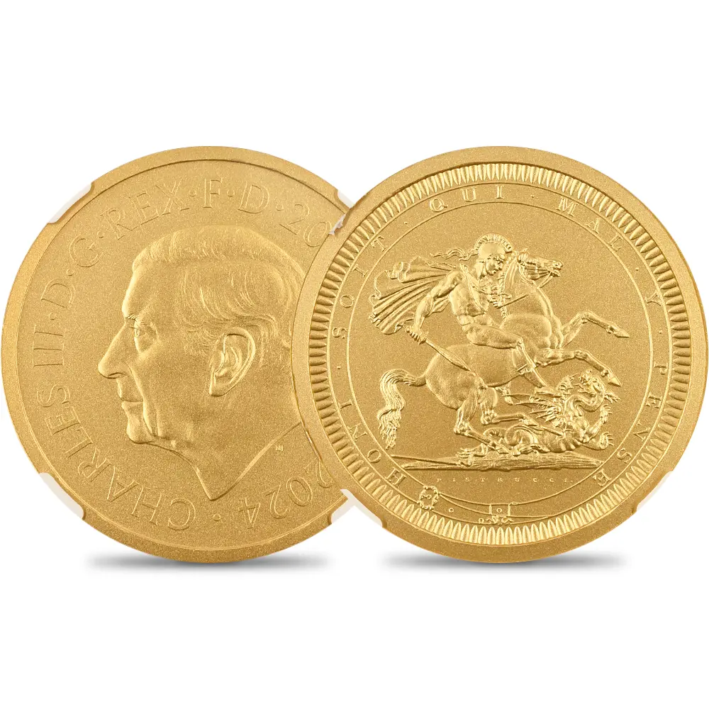 2024 チャールズ3世 ピストルッチ作聖ジョージ竜退治 200ポンド2オンス 金貨 マットプルーフ仕上げ NGC PF70MATTE 箱付き