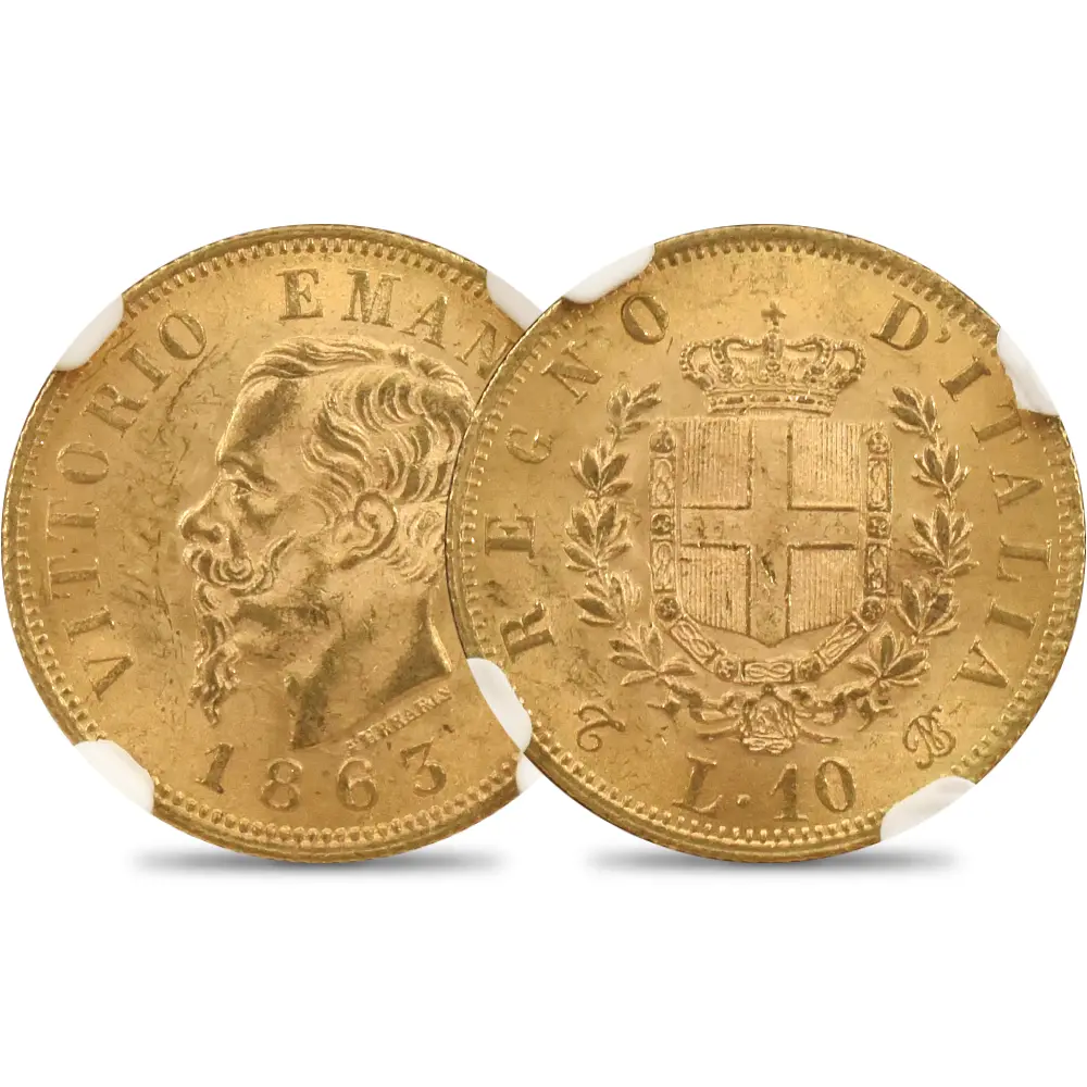 イタリア 1863T ヴィットリオ・エマヌエーレ2世 10リラ金貨 NGC MS63