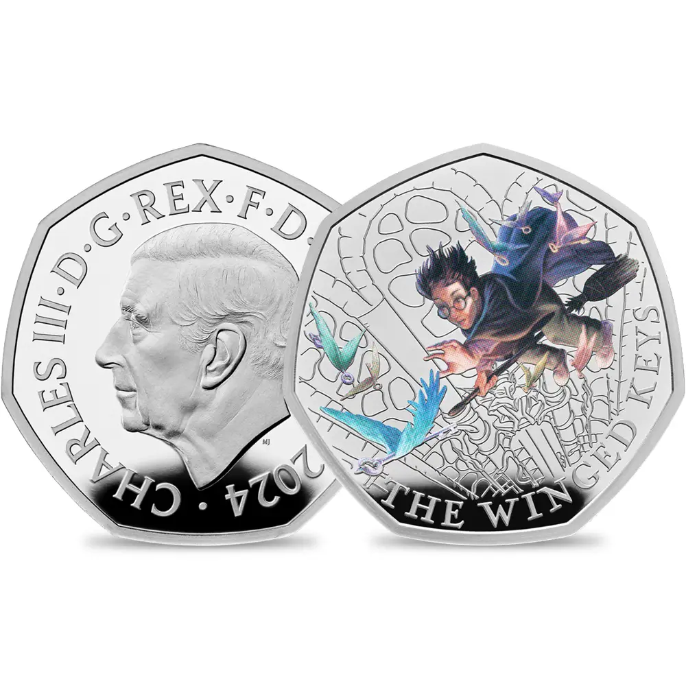 2024 チャールズ3世 ハリー・ポッター 空飛ぶ鍵 50ペンスプルーフカラー銀貨 未鑑定 箱付き【ご予約承り品】