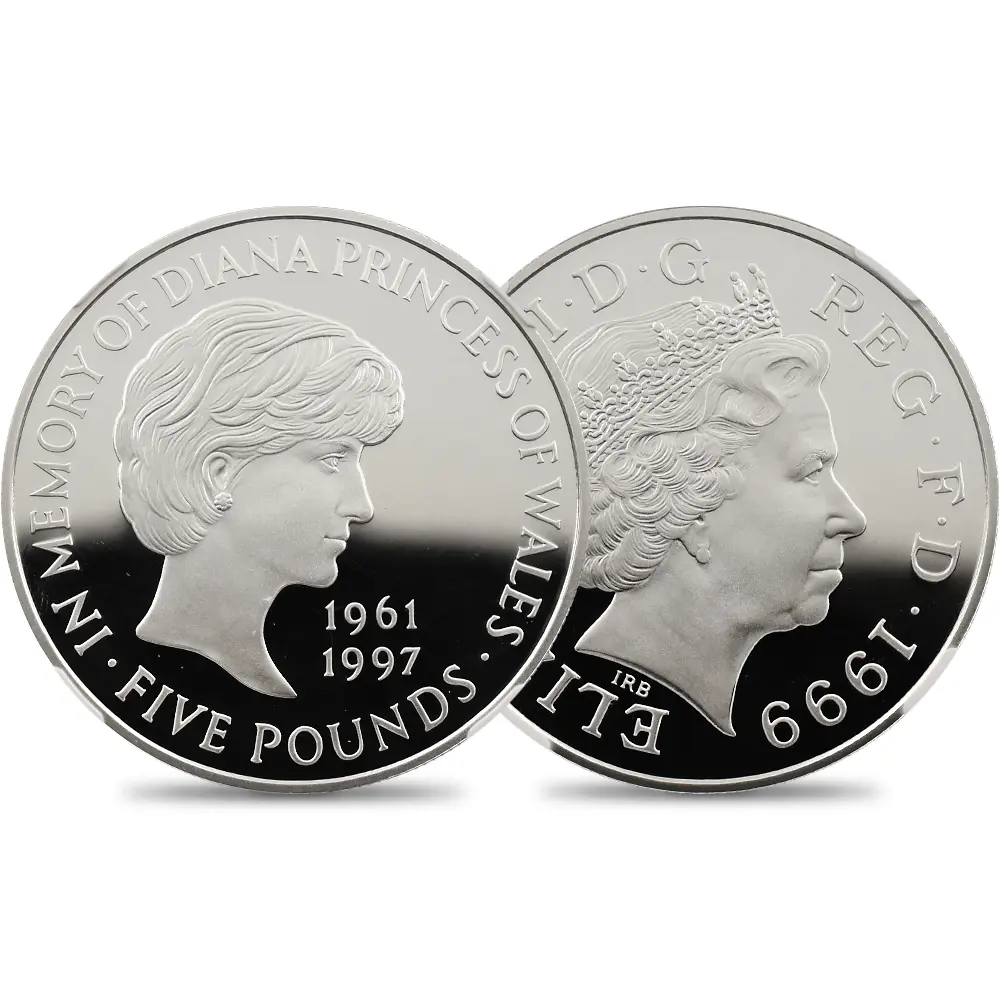 イギリス 1999 エリザベス2世 ダイアナ妃追悼記念 5ポンド銀貨 NGC PF69UC 箱付き
