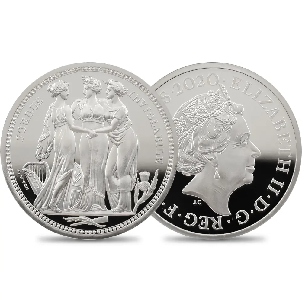 イギリス 2020 エリザベス2世 スリーグレーセス 5ポンド2オンス銀貨 NGC PF70UC エリザベス2世ラベル 箱付き