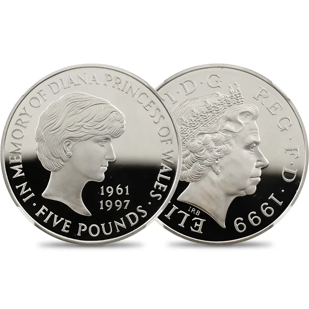 イギリス 1999 エリザベス2世 ダイアナ妃追悼記念 5ポンド銀貨 NGC PF69UC 箱付き