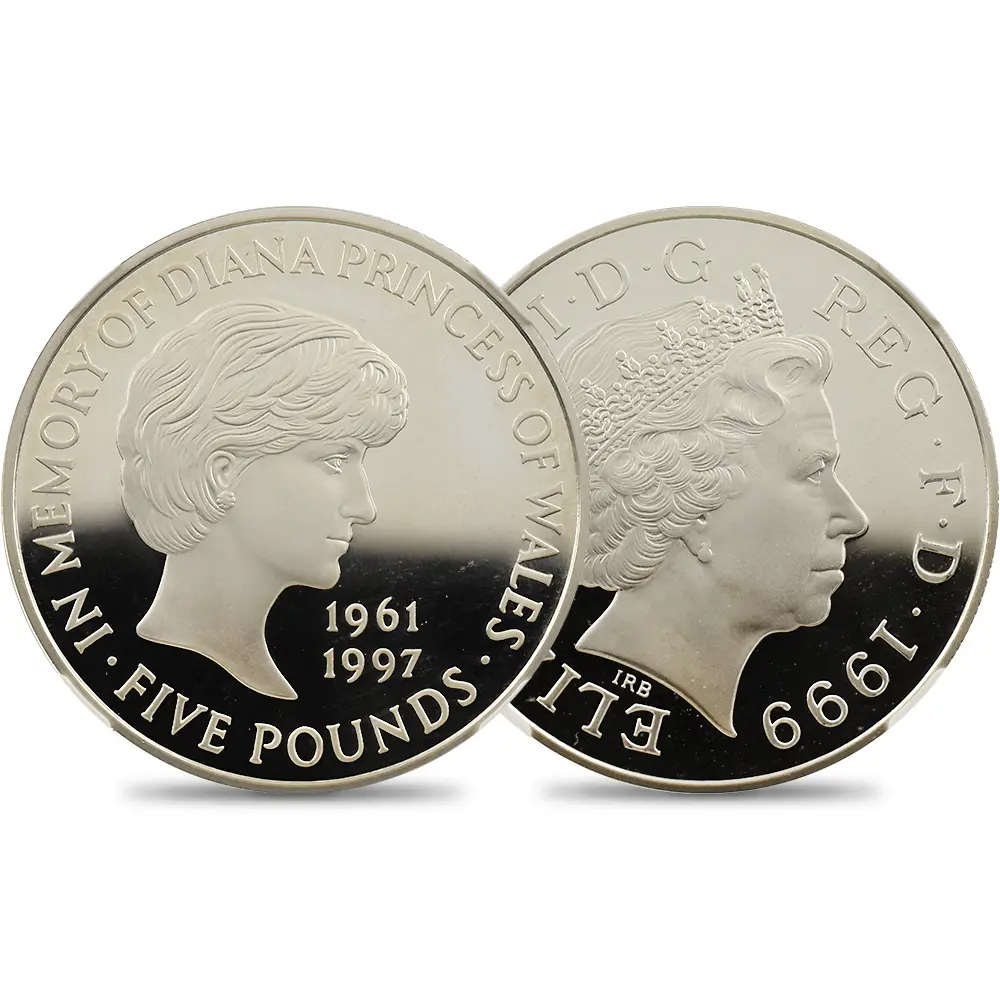 イギリス 1999 エリザベス2世 ダイアナ妃追悼記念 5ポンド銀貨 NGC PF69UC