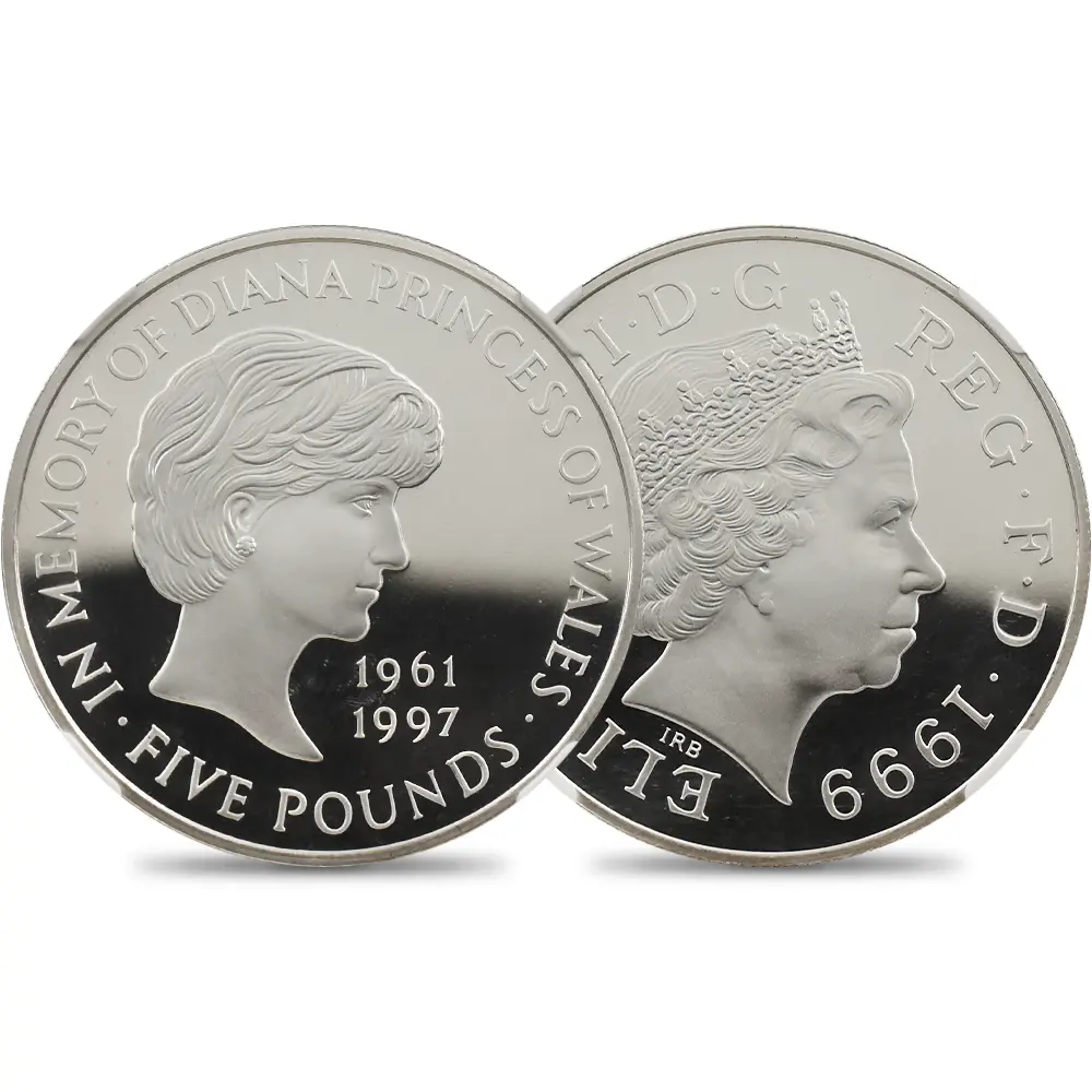イギリス 1999 エリザベス2世 ダイアナ妃追悼記念 5ポンド銀貨 NGC PF69UC