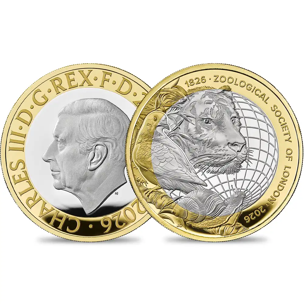 イギリス 2026 チャールズ3世 ロンドン動物学会200周年記念 2ポンドプルーフ銀貨 金メッキ付 未鑑定 箱付き【ご予約承り品】