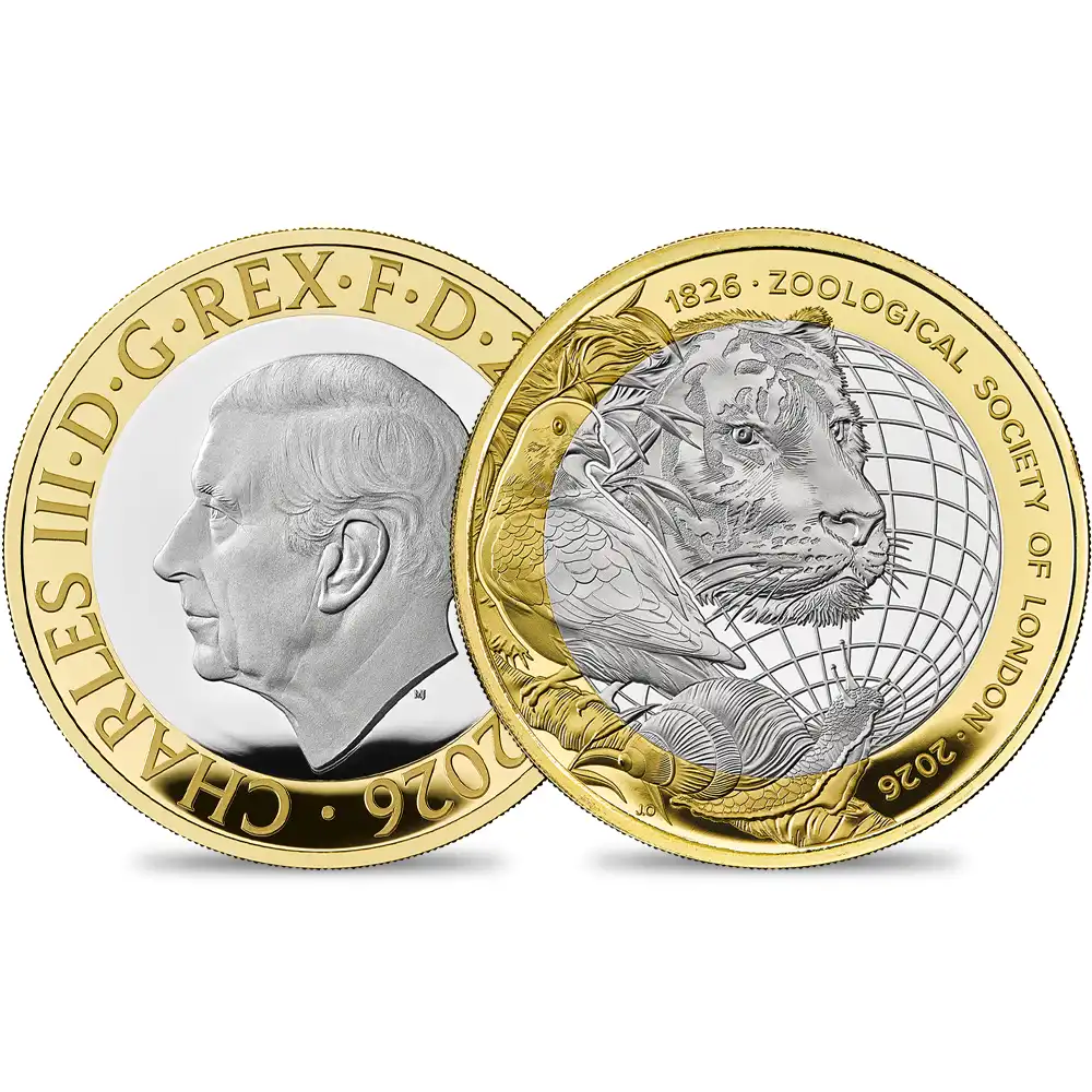 イギリス 2026 チャールズ3世 ロンドン動物学会200周年記念 2ポンドプルーフピエフォー銀貨 金メッキ付 未鑑定 箱付き【ご予約承り品】